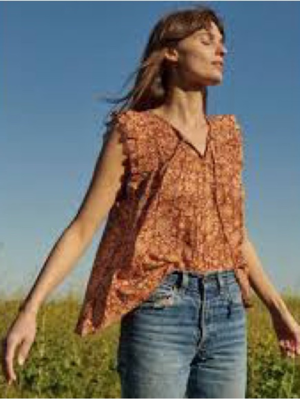 Sundry Rust Orange Floral Flutter Peasant Cotton Top